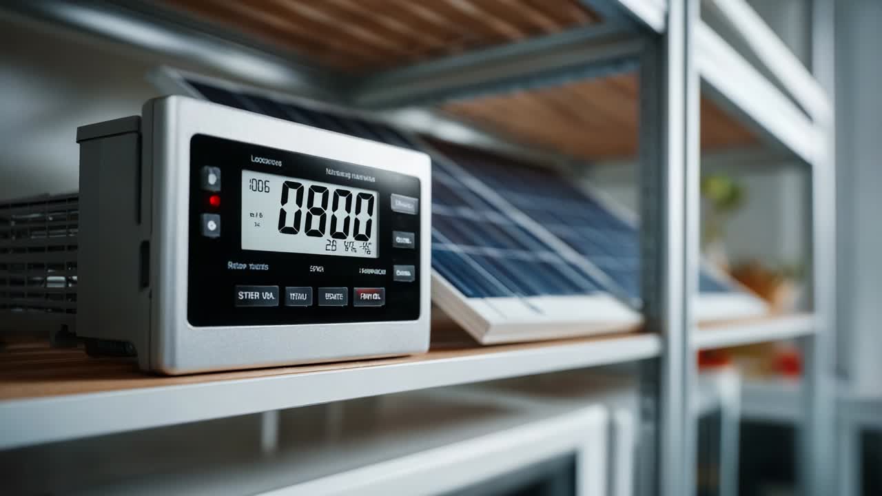 A high-precision digital timer displayed prominently on a sleek shelf, complemented by a backdrop of solar panels, highlighting the integration of technology and renewable energy in a modern workspace