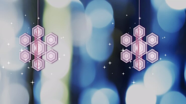 Animation of christmas baubles and snow falling on blue background