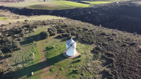 aerial view traditional old windmill surrounded by green meadows and gold daylight