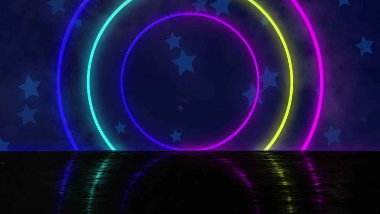 Animation of glowing neon circles moving over blue background