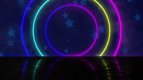 animation of glowing neon circles moving over blue background
