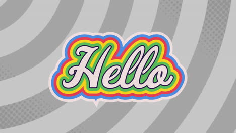 animación digital del texto de saludo con efecto de sombra de arco iris contra un fondo radial gris