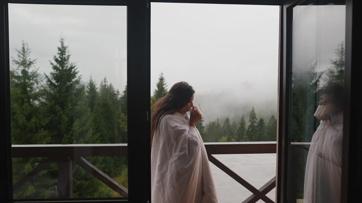 женщина наслаждается напитком на горном балконе