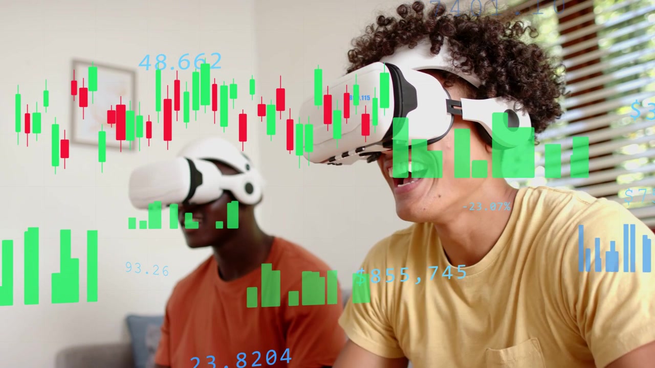 Two men putting on VR headsets, starting candlestick charts overlaying around them for trading