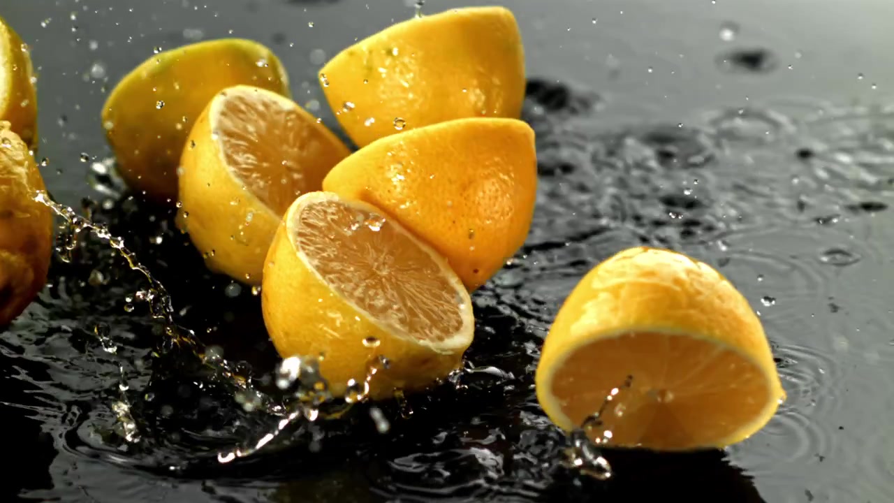 Lemon segar dan lemon yang dibelah dua jatuh ke dalam air dalam gerakan lambat.