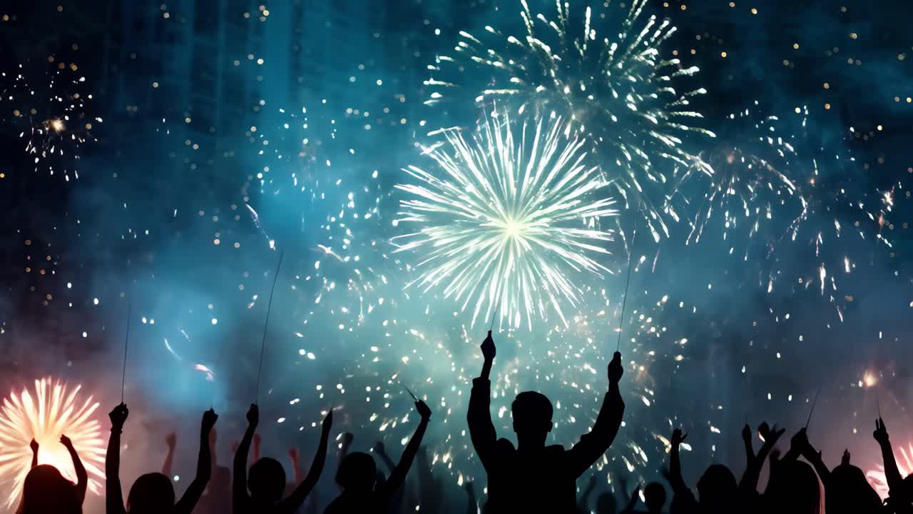 Silhouettes of crowd of people holding sparklers on New Year's eve in a dark blue sky, video shot