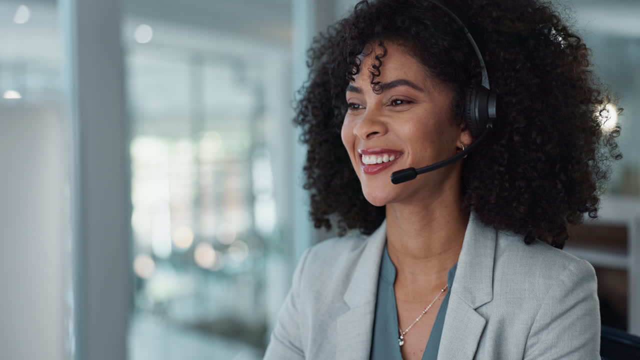 Computer, call center and funny woman talking