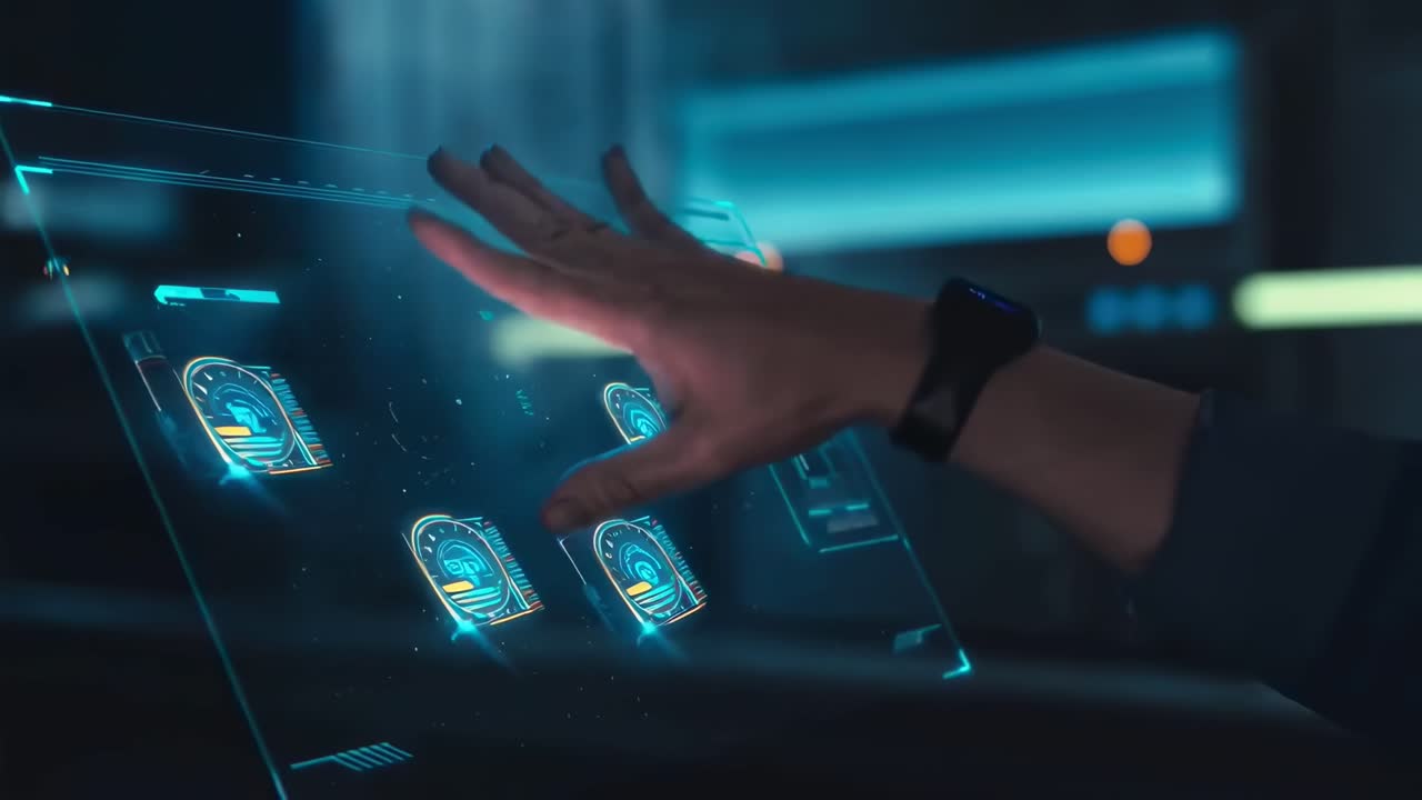 Futuristic video concept with a hand interacting with a holographic screen, side angle