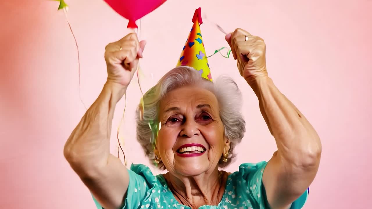 Donna anziana festeggia il compleanno con palloncini e un cappellino da festa