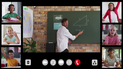 interfaz de llamada de video compuesta con un maestro de matemáticas masculino diverso y seis niños en clase en línea