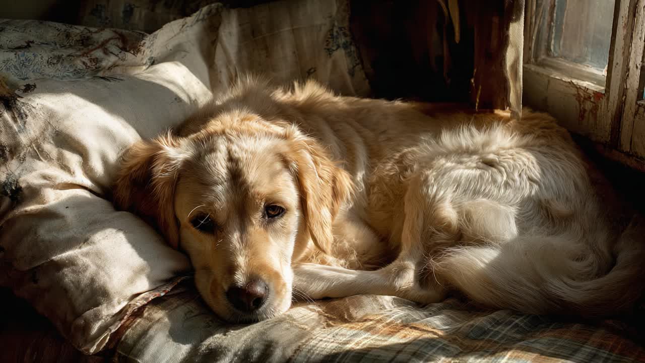 A Golden Retriever Takes a Peaceful Nap in a Sunlit Room, Nestled Comfortably on a Plush Pillow Amidst Soft Textures and Gentle Light