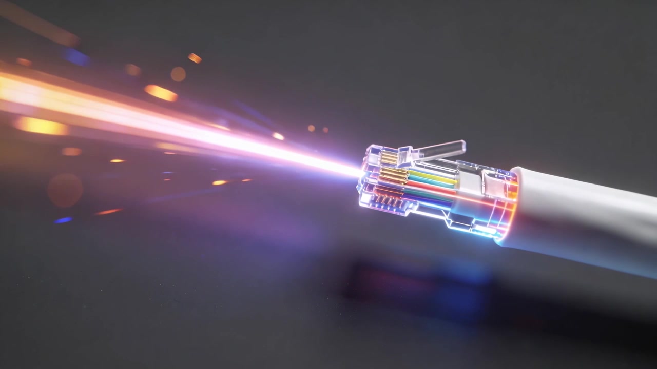 Powering modular connector sending purple beam, sparks in studio lighting eight wires, copy space