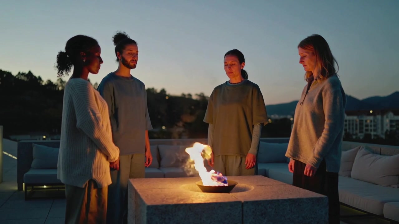 Standing four adults watching flames growing taller on rooftop fire table, in sweaters for warmth