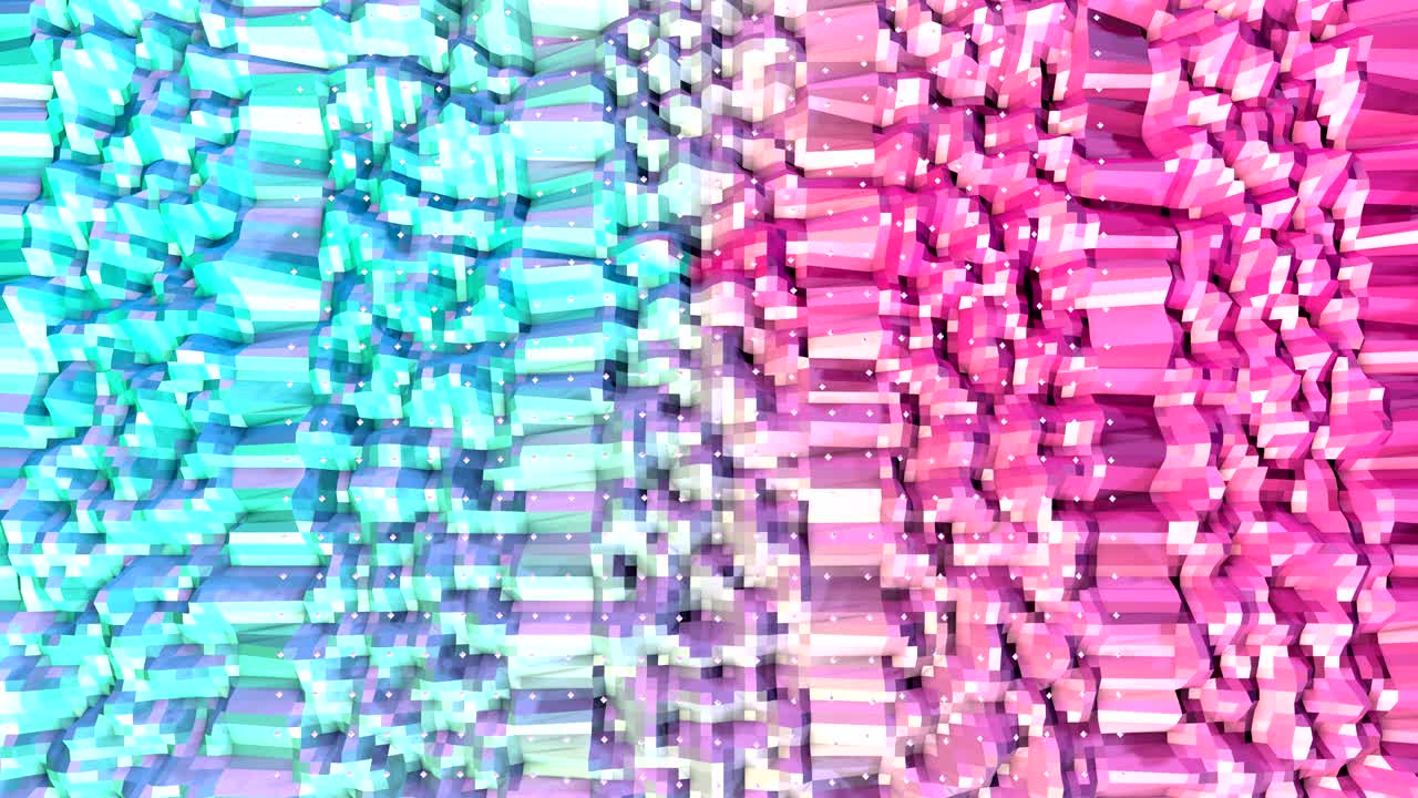 abstracto simple azul rosa baja poli superficie 3d y cristales blancos voladores como terreno surrealista. fondo bajo poli geométrico suave de polígonos rosados azules puros. fondo de bucle sin costuras 4k fullhd.