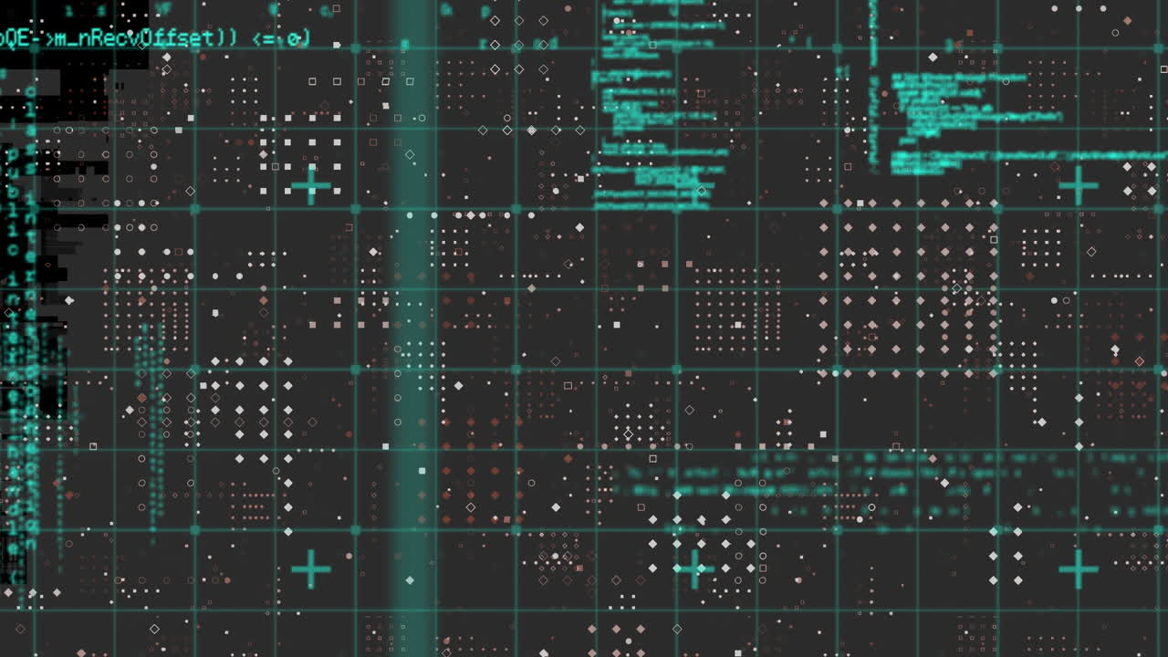 Animation of data processing over grid network against rows dots pattern on black background