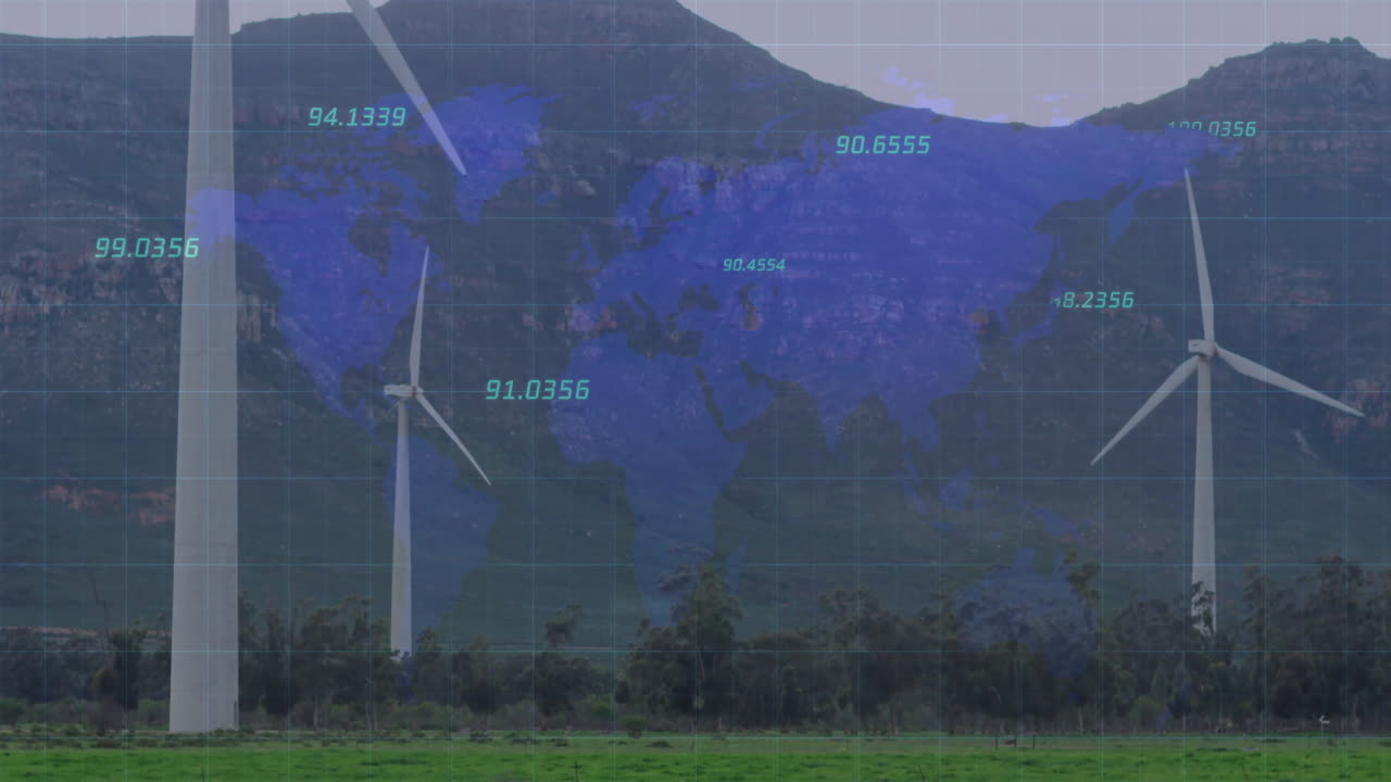 Three wind turbines rotating in rural valley displaying floating data points over blue grid map
