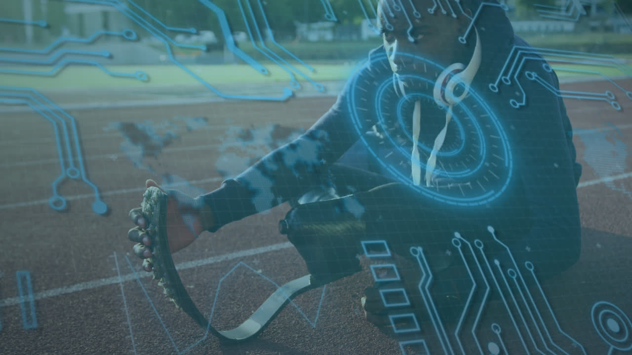 Animation of processing circle and digital screen over african american male with running blade