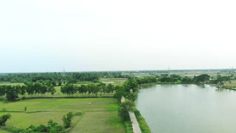 Toma-Aérea-De-Un-Hermoso-Pueblo-Con-Lago-En-Bengala