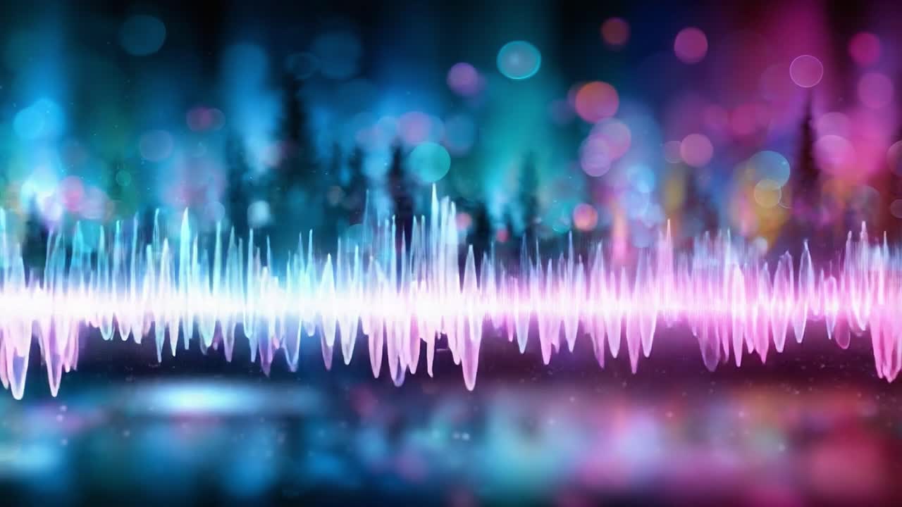 Colorful Soundwave Visualization with Vibrant Bokeh Effects in a Themed Environment, Capturing the Essence of Audio Frequencies and Dynamic Light Interaction