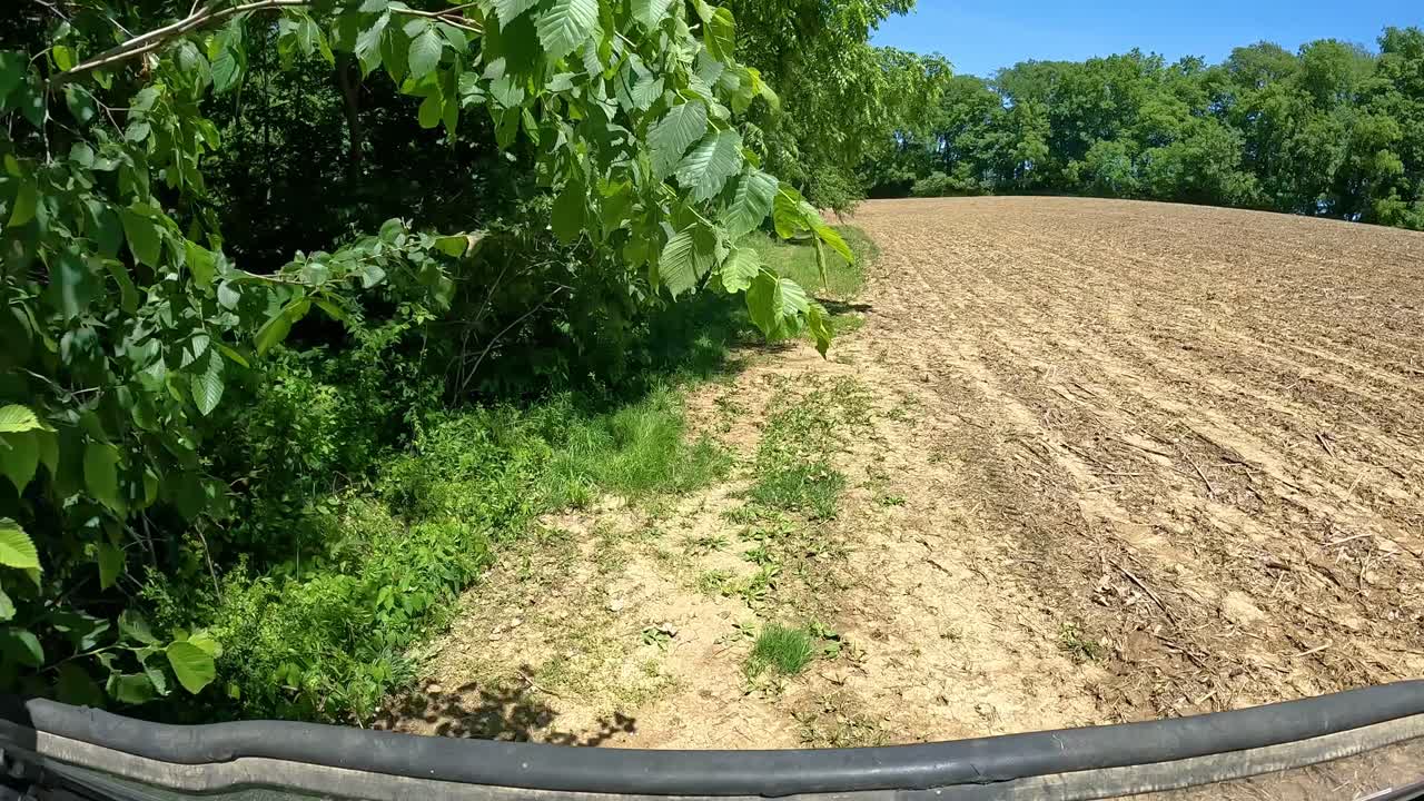 - pov conduciendo entre la madera y un campo recién plantado en un brillante día soleado en el medio oeste