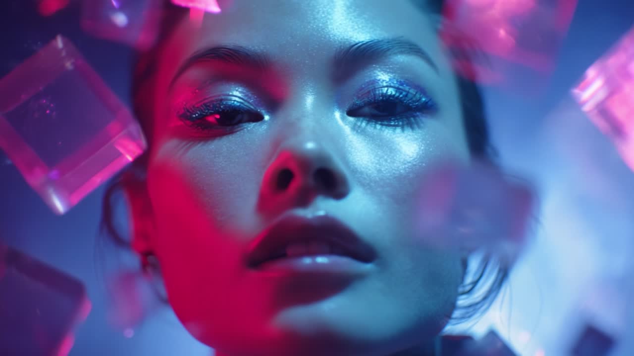 An ethereal portrait of a luminous figure shimmering in vibrant hues, surrounded by glistening crystals that enhance the dazzling interplay of light and color, showcasing stunning makeup artistry and emotion