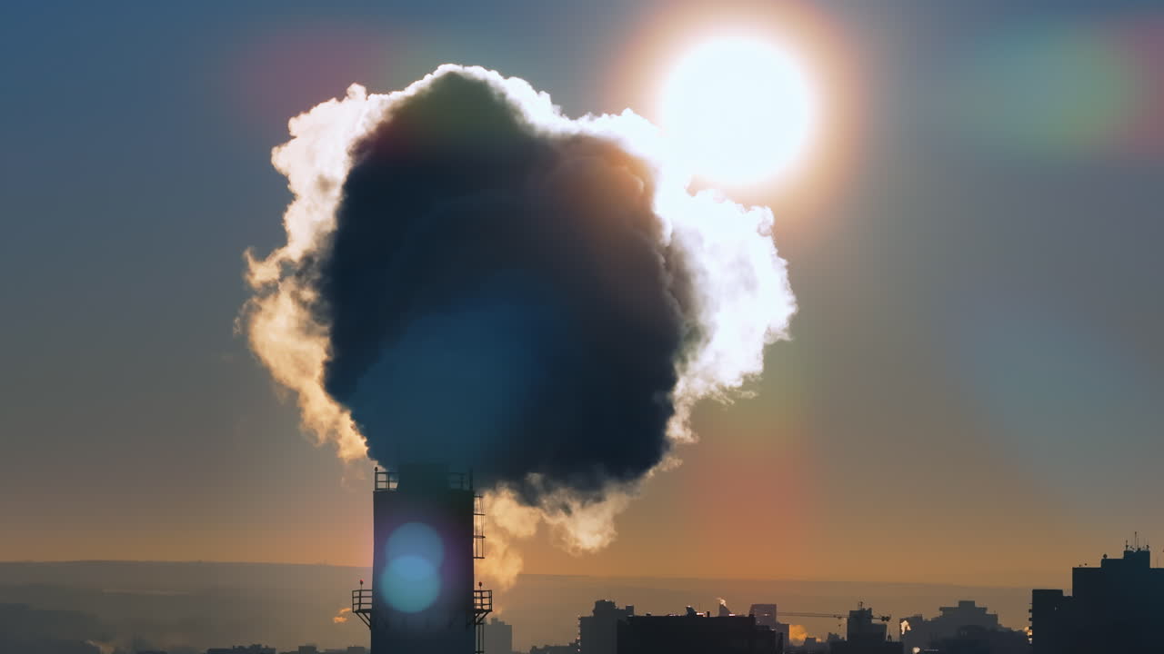 Aerial drone view of a working thermal power station at sunset. Steam and smoke coming from pipes
