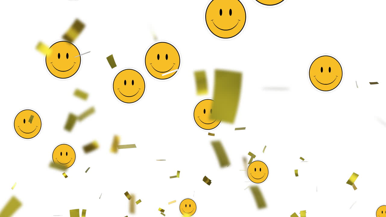 Animazione di oro che cade su emoji sorridenti su sfondo bianco