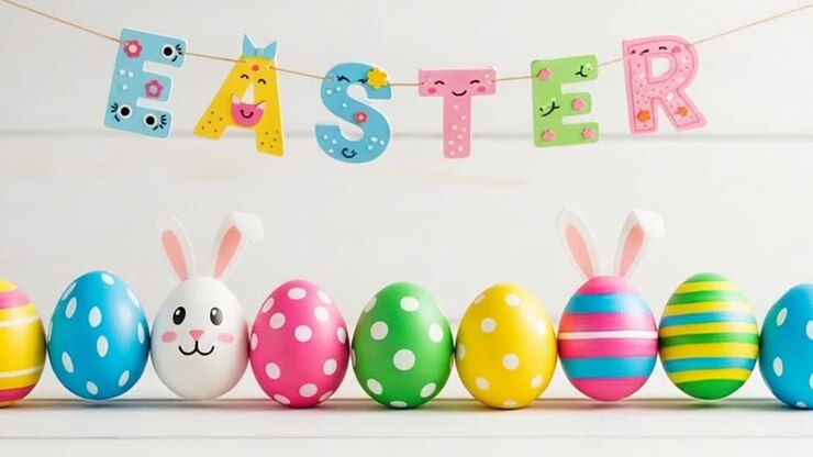 A row of Easter eggs with a banner that says Easter