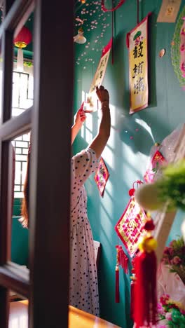 mujer decorando para el año nuevo chino