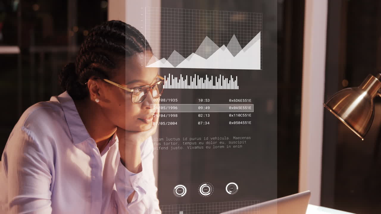 Animation of statistics data processing over african american businesswoman in office