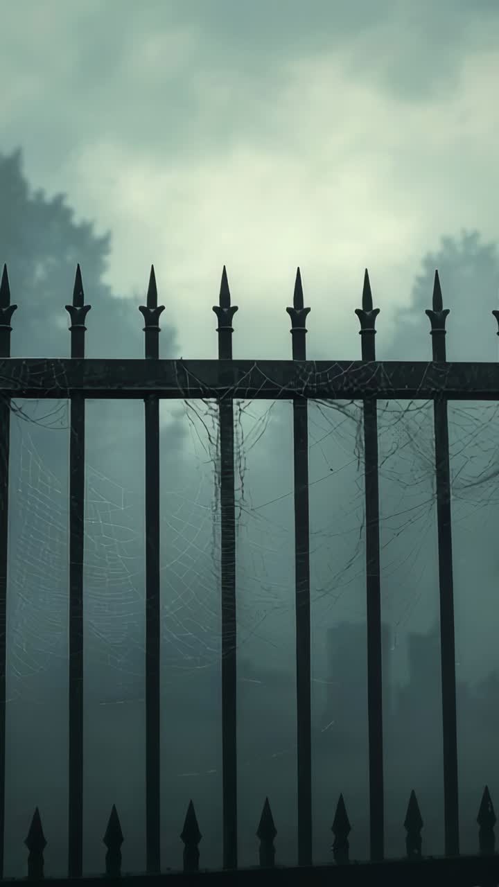 Vertical video: Gentle breeze flowing through wrought iron fence in mist, with quivering spiderwebs