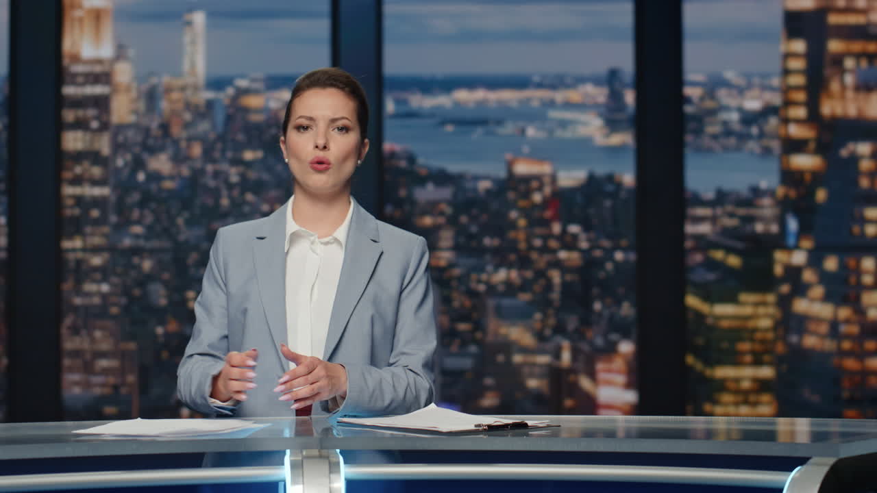 presentadora de noticias de la noche en primer plano en el estudio. presentadora de radiodifusión