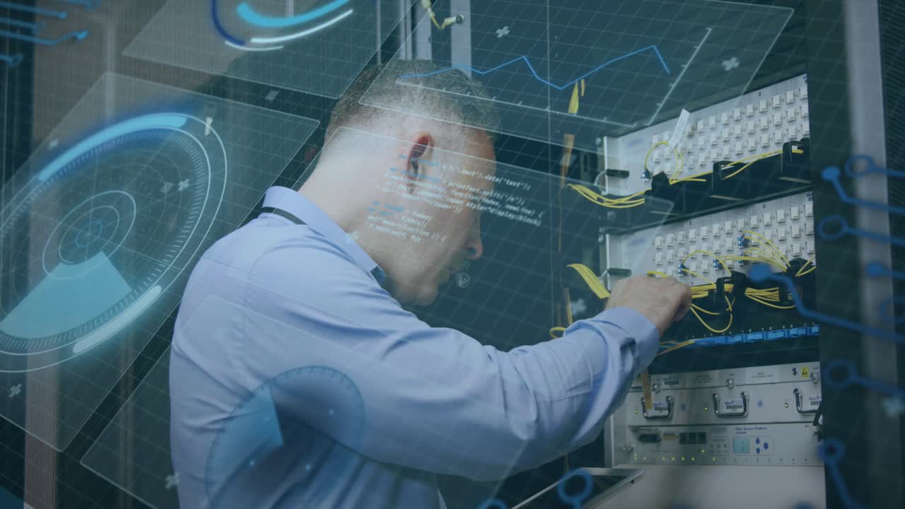 Animation of scope scanning and data processing over caucasian it man fixing computer server