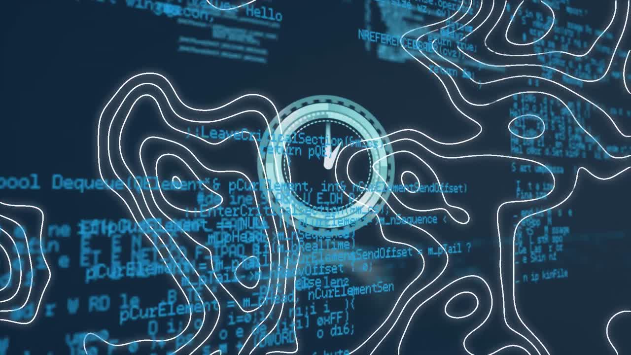 콘투르 라인과 데이터 처리 인터페이스에 시계 표시를 가진 원형 스캐너의 애니메이션