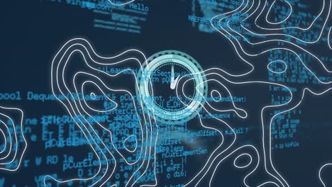 Animation-of-circular-scanner-with-clock-face-on-interface-with-contour-lines-and-data-processing