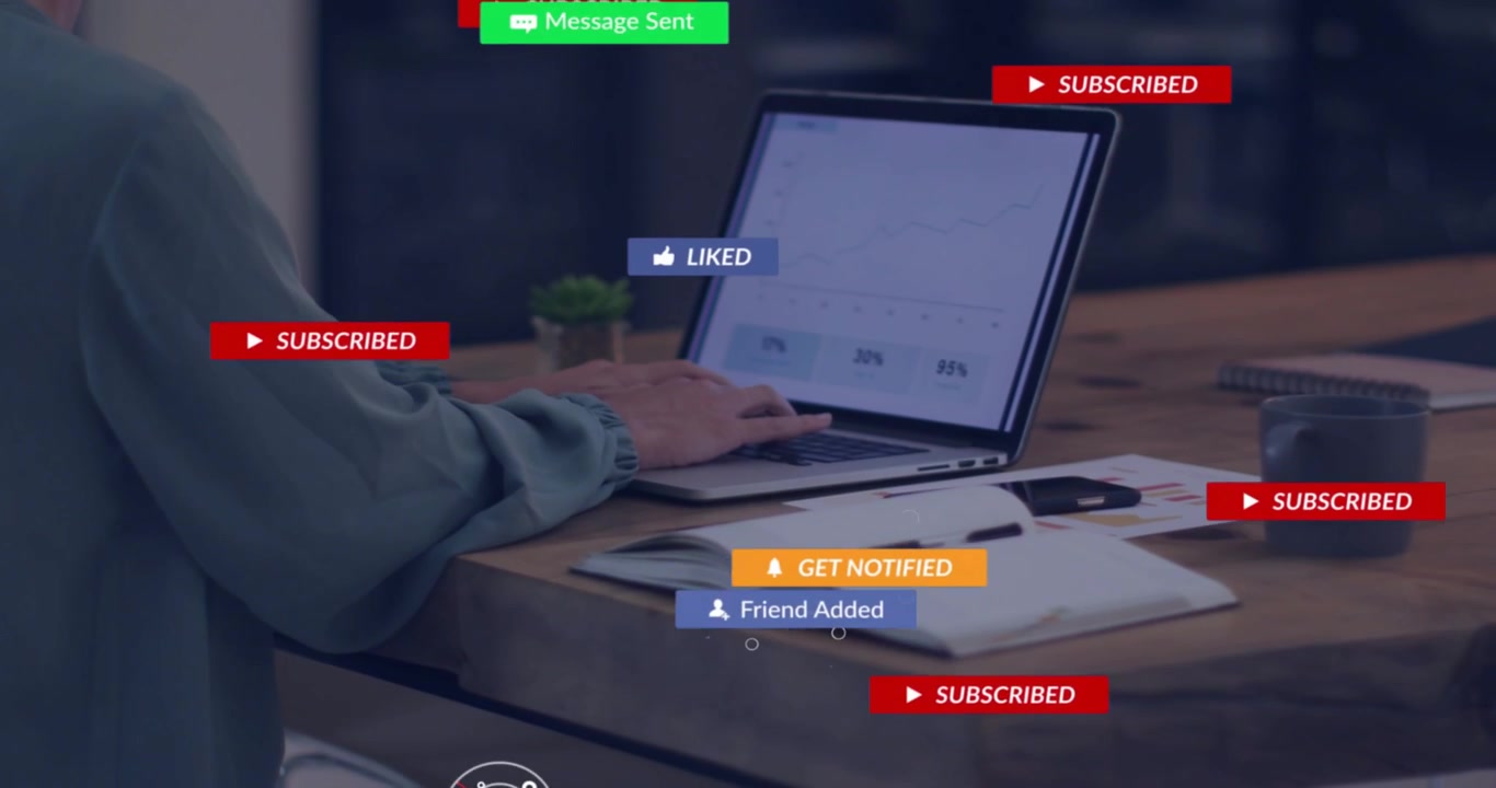 Woman clicking laptop and generating social subscribe tags accumulating then fading for engagement