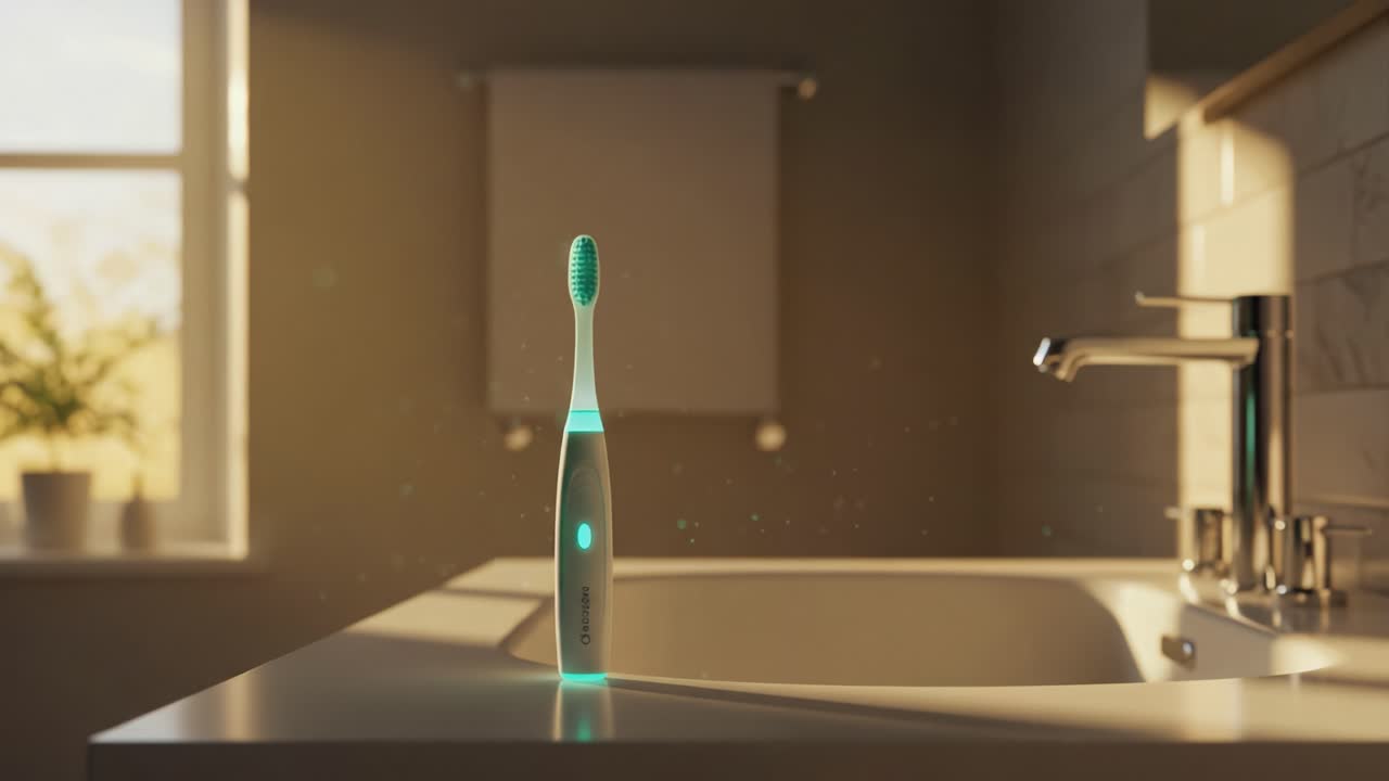 A Modern Electric Toothbrush Illuminates the Bathroom Countertop with Soft Glows, Enhancing Oral Hygiene While Adding a Touch of Elegance to the Space