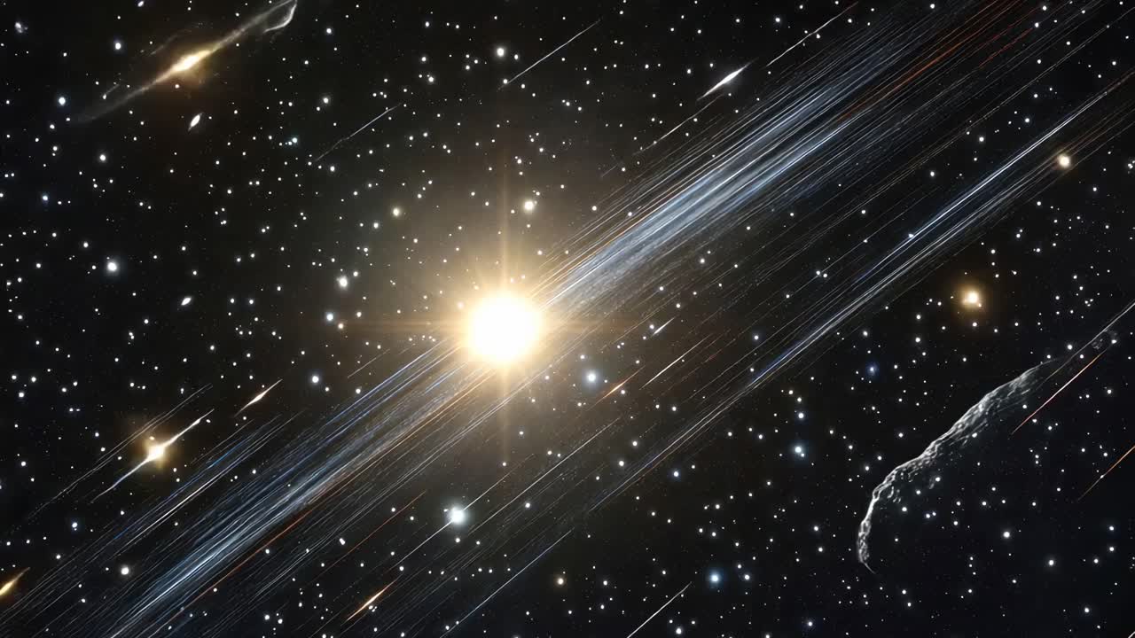 A cosmic video scene with a dynamic top-down angle, showcasing a bright star, streaking meteors