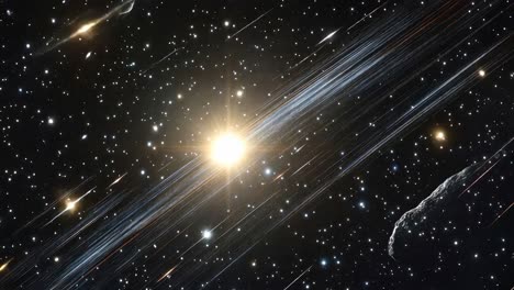 a cosmic video scene with a dynamic top-down angle, showcasing a bright star, streaking meteors