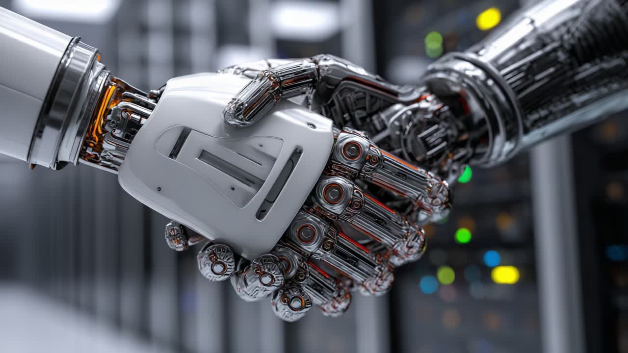 A Close-Up of Two Advanced Robots Engaging in a Handshake, Symbolizing Collaboration Between Human-like Machines in a High-Tech Server Environment