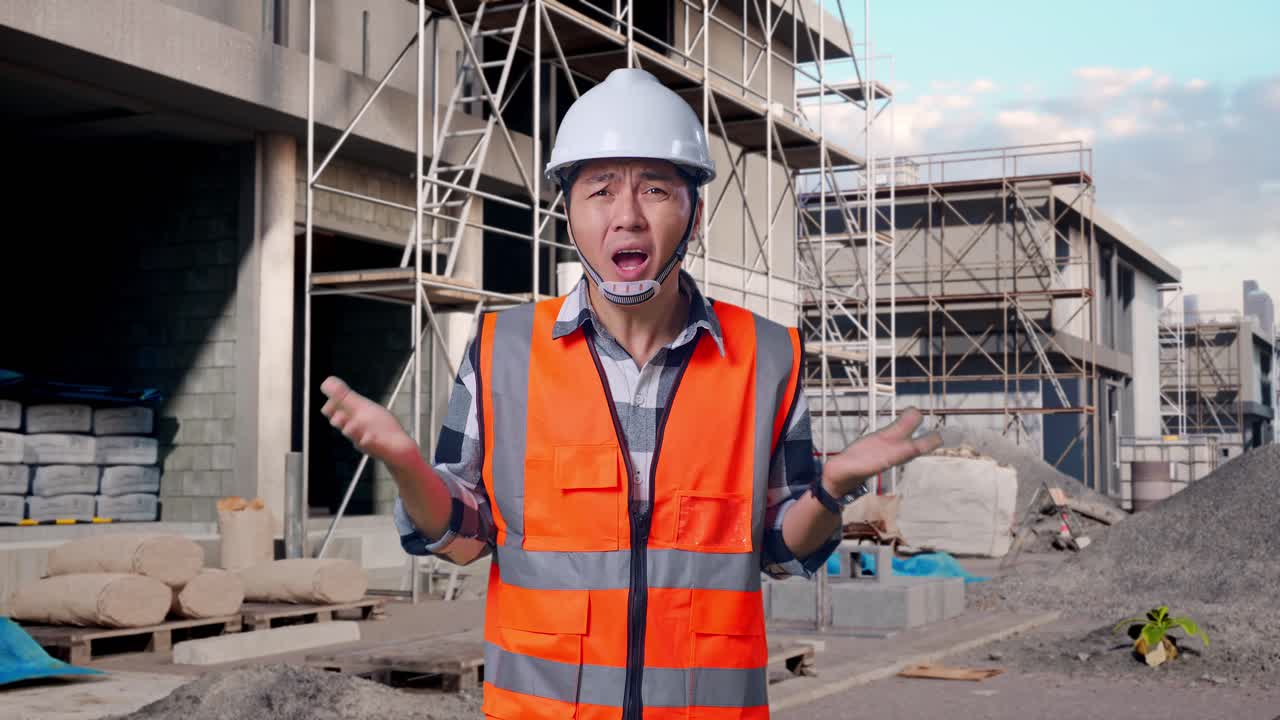 Wondering Asian Male Engineer With Safety Helmet Saying Why Working Doubtfully At Building & Construction Site in Progress to New House