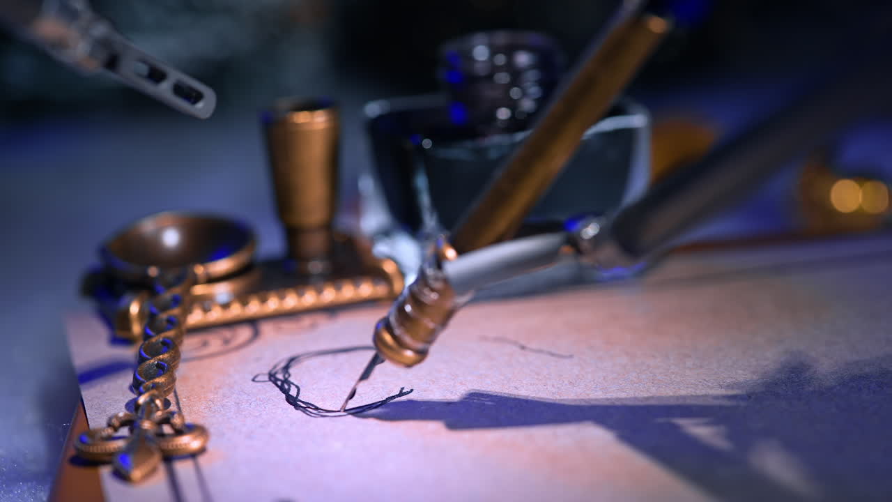 Old writing pen drawing lines on the paper. Robotic arm holding a pen managing writing. Close up. Blurred backdrop.