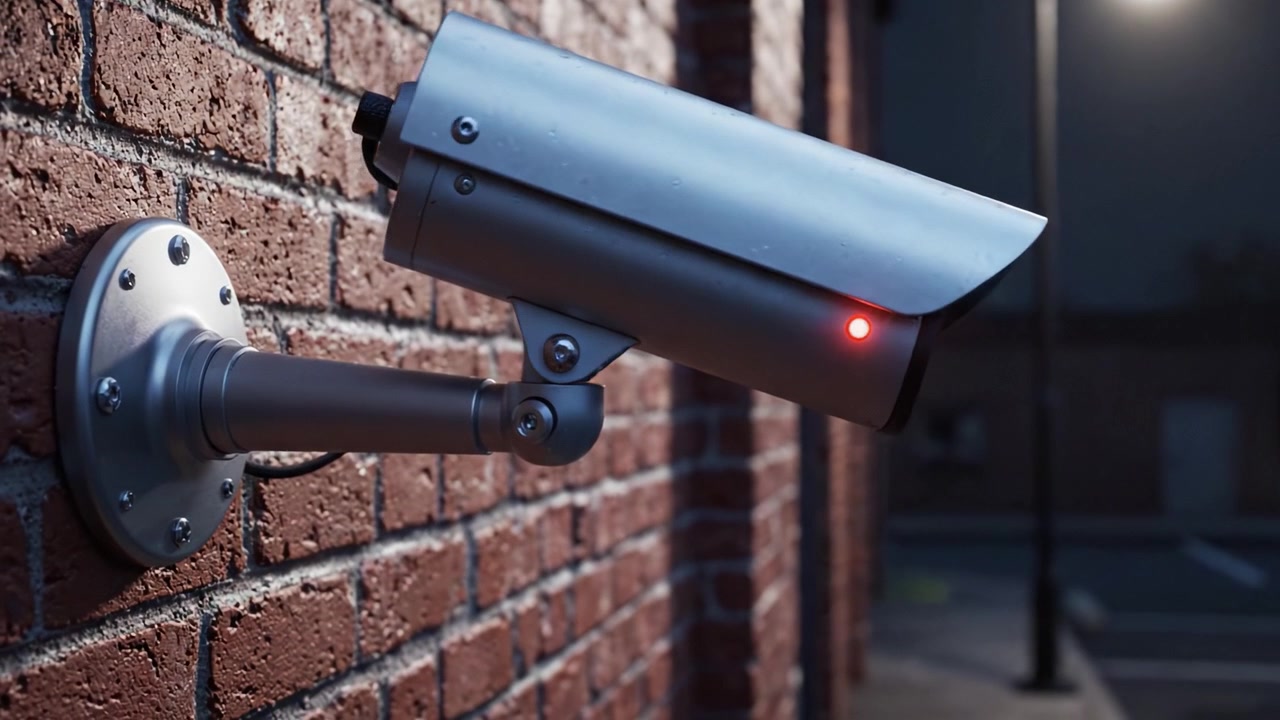 High-Tech Security Surveillance Camera Mounted on a Brick Wall with Infrared Capabilities, Monitoring Surroundings at Night for Enhanced Safety