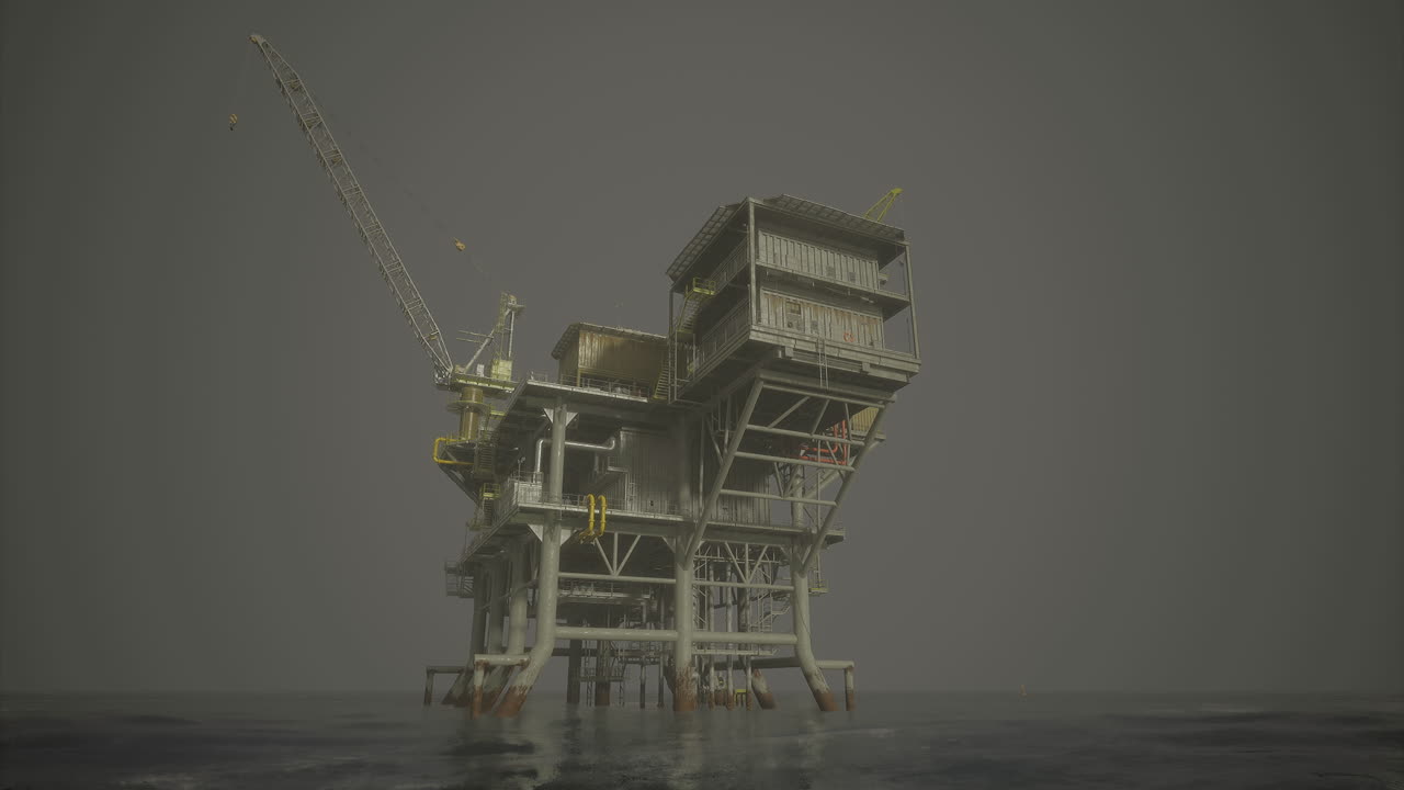 Oil rig operating in deep waters during overcast conditions