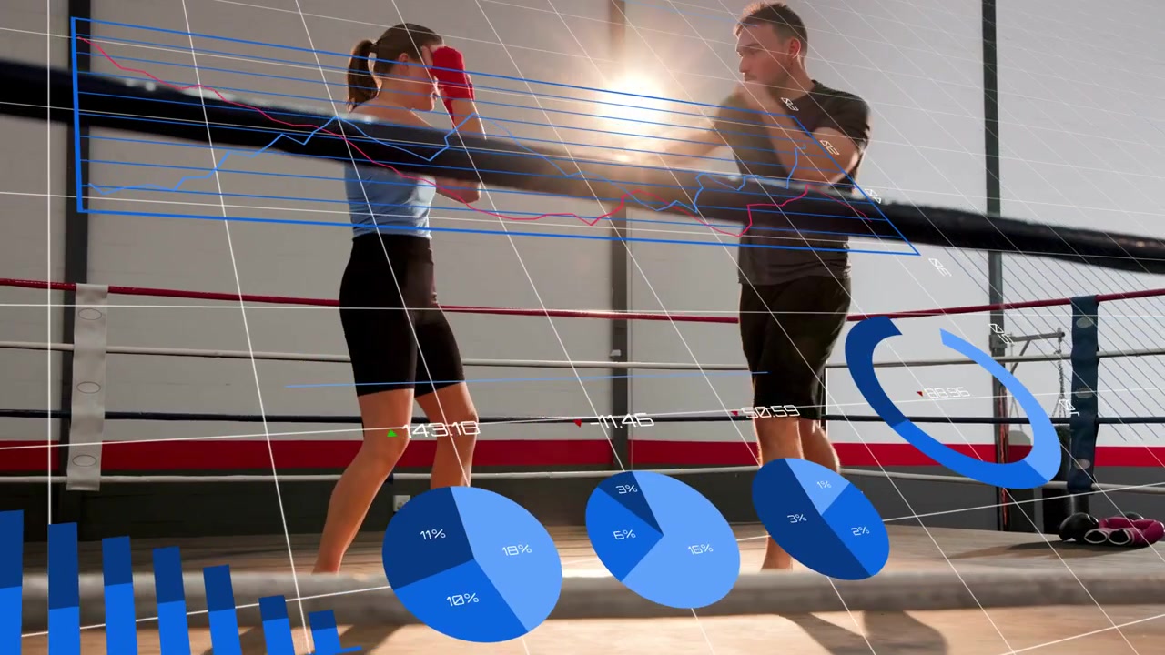 Due pugili che eseguono jab durante un esercizio, mentre grafici analitici blu che tracciano il movimento si sovrappongono al ring.