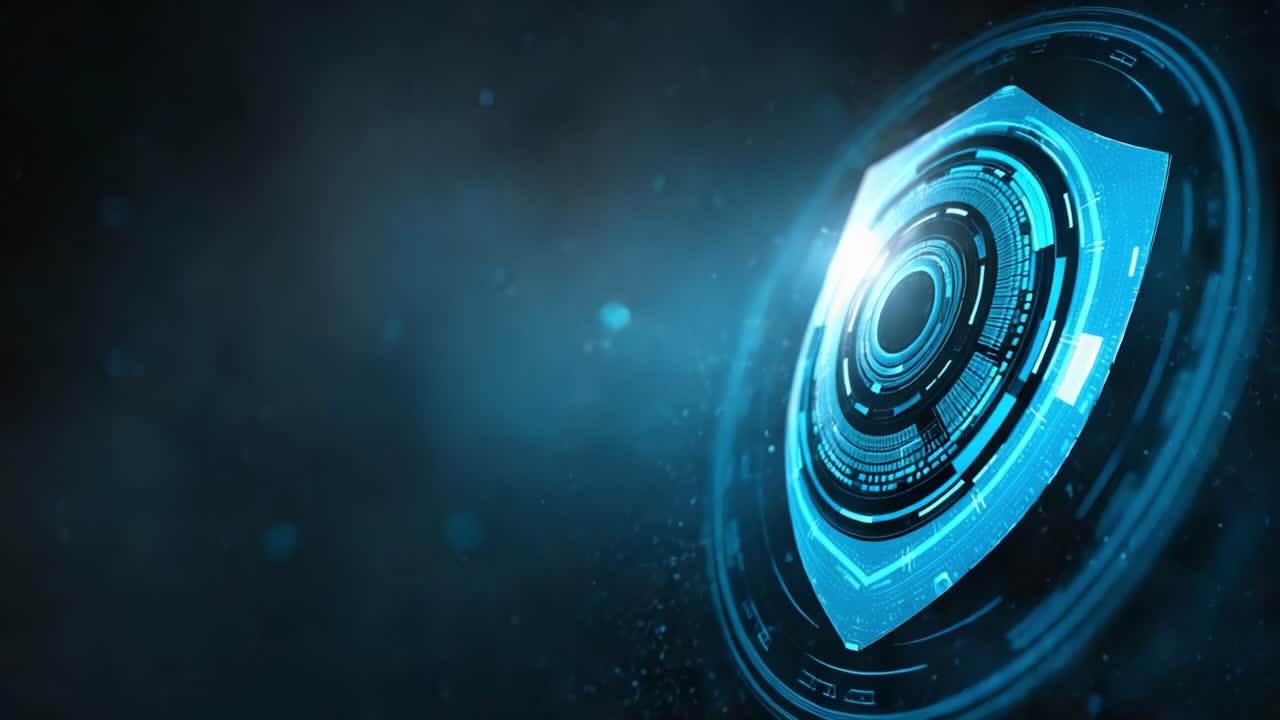 High-Tech Digital Shield: A Stunning Visual of a Futuristic Protection Mechanism Generated Using Sophisticated Graphics and Blue Light Effects in a Dark Environment