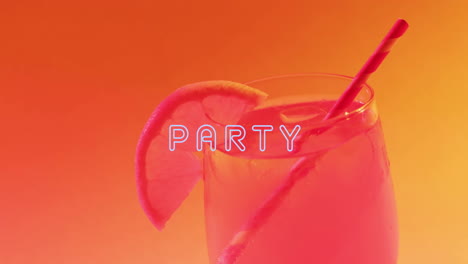 animation of party neon text and cocktail on orange background