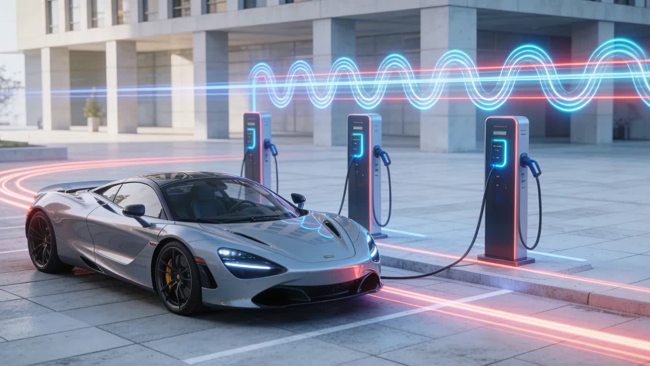 シルバーのEVスポーツカーが充電ベイに停車し、ケーブルが接続され、シアンの波形が脈動して電力供給を示す