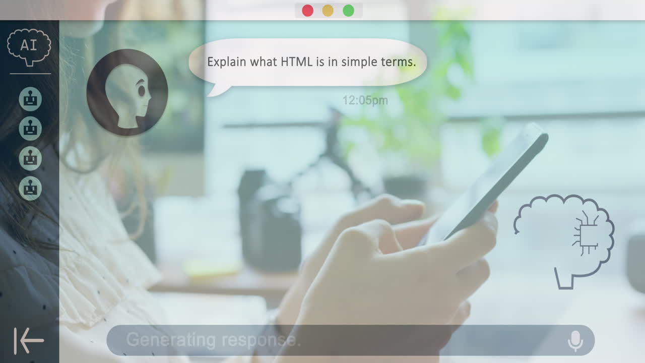 스마트폰을 사용하는 백인 여성에 대한 온라인 ai 채팅 처리의 애니메이션