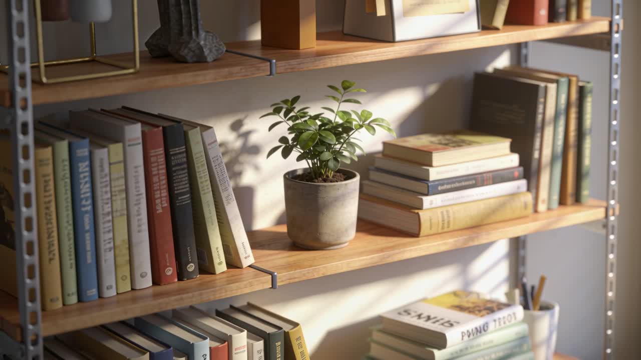 Vertical video: Camera pulling back, gray pot plant staying centered on home shelf, revealing nook